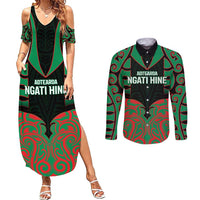 Custom Aotearoa Ngati Hine Couples Matching Summer Maxi Dress and Long Sleeve Button Shirt Maori Pattern New Zealand DT05 Green - Polynesian Pride