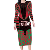 Custom Aotearoa Tuhoe Long Sleeve Bodycon Dress Maori Pattern New Zealand - Polynesian Pride