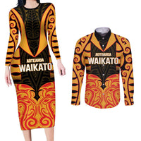Custom Aotearoa Waikato Couples Matching Long Sleeve Bodycon Dress and Long Sleeve Button Shirt Maori Pattern New Zealand DT05 Orange - Polynesian Pride