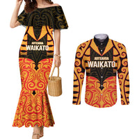 Custom Aotearoa Waikato Couples Matching Mermaid Dress and Long Sleeve Button Shirt Maori Pattern New Zealand DT05 Orange - Polynesian Pride