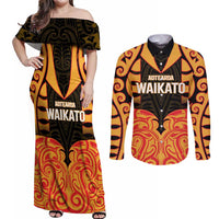 Custom Aotearoa Waikato Couples Matching Off Shoulder Maxi Dress and Long Sleeve Button Shirt Maori Pattern New Zealand - Polynesian Pride