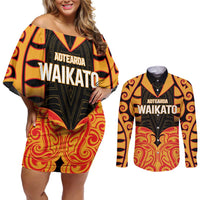 Custom Aotearoa Waikato Couples Matching Off Shoulder Short Dress and Long Sleeve Button Shirt Maori Pattern New Zealand - Polynesian Pride