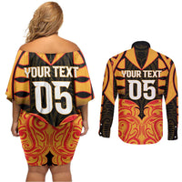 Custom Aotearoa Waikato Couples Matching Off Shoulder Short Dress and Long Sleeve Button Shirt Maori Pattern New Zealand - Polynesian Pride