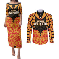 Custom Aotearoa Waikato Couples Matching Puletasi and Long Sleeve Button Shirt Maori Pattern New Zealand DT05 Orange - Polynesian Pride