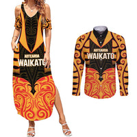 Custom Aotearoa Waikato Couples Matching Summer Maxi Dress and Long Sleeve Button Shirt Maori Pattern New Zealand DT05 Orange - Polynesian Pride
