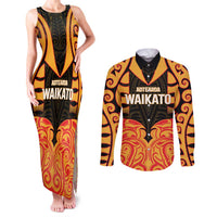 Custom Aotearoa Waikato Couples Matching Tank Maxi Dress and Long Sleeve Button Shirt Maori Pattern New Zealand DT05 Orange - Polynesian Pride
