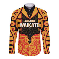 Custom Aotearoa Waikato Long Sleeve Button Shirt Maori Pattern New Zealand DT05 Unisex Orange - Polynesian Pride