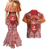 Tonga King's Birthday Couples Matching Mermaid Dress and Hawaiian Shirt Gold Royal Crown Tribal Patterns