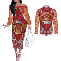 Tonga King's Birthday Couples Matching Off The Shoulder Long Sleeve Dress and Long Sleeve Button Shirt Gold Royal Crown Tribal Patterns