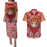 Tonga King's Birthday Couples Matching Puletasi and Hawaiian Shirt Gold Royal Crown Tribal Patterns