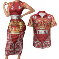 Tonga King's Birthday Couples Matching Short Sleeve Bodycon Dress and Hawaiian Shirt Gold Royal Crown Tribal Patterns DT05 Red - Polynesian Pride