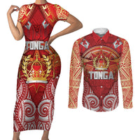 Tonga King's Birthday Couples Matching Short Sleeve Bodycon Dress and Long Sleeve Button Shirt Gold Royal Crown Tribal Patterns DT05 Red - Polynesian Pride