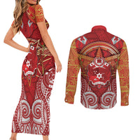 Tonga King's Birthday Couples Matching Short Sleeve Bodycon Dress and Long Sleeve Button Shirt Gold Royal Crown Tribal Patterns DT05 - Polynesian Pride
