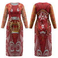 Tonga King's Birthday Family Matching Long Sleeve Bodycon Dress and Hawaiian Shirt Gold Royal Crown Tribal Patterns DT05 Mom's Dress Red - Polynesian Pride