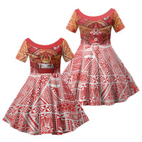 Tonga King's Birthday Family Matching Long Sleeve Bodycon Dress and Hawaiian Shirt Gold Royal Crown Tribal Patterns DT05 Daughter's Dress Red - Polynesian Pride