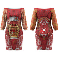 Tonga King's Birthday Family Matching Off The Shoulder Long Sleeve Dress and Hawaiian Shirt Gold Royal Crown Tribal Patterns DT05 Mom's Dress Red - Polynesian Pride