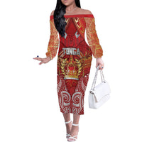 Tonga King's Birthday Family Matching Off The Shoulder Long Sleeve Dress and Hawaiian Shirt Gold Royal Crown Tribal Patterns