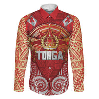 Tonga King's Birthday Family Matching Off Shoulder Maxi Dress and Hawaiian Shirt Gold Royal Crown Tribal Patterns DT05 Daughter's Dress Red - Polynesian Pride