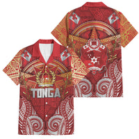 Tonga King's Birthday Family Matching Short Sleeve Bodycon Dress and Hawaiian Shirt Gold Royal Crown Tribal Patterns DT05 Dad's Shirt - Short Sleeve Red - Polynesian Pride