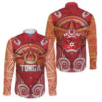 Tonga King's Birthday Family Matching Short Sleeve Bodycon Dress and Hawaiian Shirt Gold Royal Crown Tribal Patterns DT05 Dad's Shirt - Long Sleeve Red - Polynesian Pride