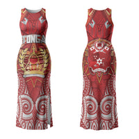 Tonga King's Birthday Family Matching Tank Maxi Dress and Hawaiian Shirt Gold Royal Crown Tribal Patterns DT05 Mom's Dress Red - Polynesian Pride