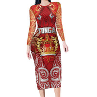Tonga King's Birthday Long Sleeve Bodycon Dress Gold Royal Crown Tribal Patterns DT05 Long Dress Red - Polynesian Pride