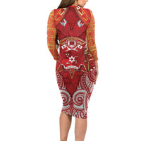 Tonga King's Birthday Long Sleeve Bodycon Dress Gold Royal Crown Tribal Patterns DT05 - Polynesian Pride