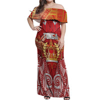Tonga King's Birthday Off Shoulder Maxi Dress Gold Royal Crown Tribal Patterns DT05 Women Red - Polynesian Pride