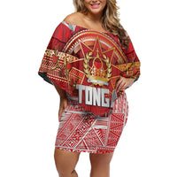 Tonga King's Birthday Off Shoulder Short Dress Gold Royal Crown Tribal Patterns DT05 Women Red - Polynesian Pride