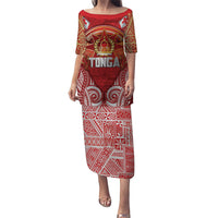 Tonga King's Birthday Puletasi Gold Royal Crown Tribal Patterns DT05 Long Dress Red - Polynesian Pride