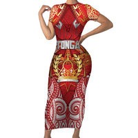 Tonga King's Birthday Short Sleeve Bodycon Dress Gold Royal Crown Tribal Patterns DT05 Long Dress Red - Polynesian Pride
