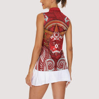 Tonga King's Birthday Women Sleeveless Polo Shirt Gold Royal Crown Tribal Patterns