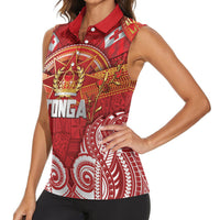 Tonga King's Birthday Women Sleeveless Polo Shirt Gold Royal Crown Tribal Patterns