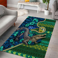 Solomon Islands Independence Day Area Rug Crocodile Hibiscus Tribal Pattern
