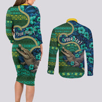 Personalised Solomon Islands Independence Day Couples Matching Long Sleeve Bodycon Dress and Long Sleeve Button Shirt Crocodile Hibiscus Tribal Pattern