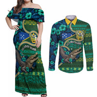Personalised Solomon Islands Independence Day Couples Matching Off Shoulder Maxi Dress and Long Sleeve Button Shirt Crocodile Hibiscus Tribal Pattern