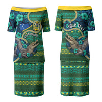 Personalised Solomon Islands Independence Day Couples Matching Puletasi and Hawaiian Shirt Crocodile Hibiscus Tribal Pattern DT05 - Polynesian Pride