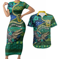 Personalised Solomon Islands Independence Day Couples Matching Short Sleeve Bodycon Dress and Hawaiian Shirt Crocodile Hibiscus Tribal Pattern DT05 Green - Polynesian Pride