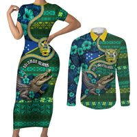 Personalised Solomon Islands Independence Day Couples Matching Short Sleeve Bodycon Dress and Long Sleeve Button Shirt Crocodile Hibiscus Tribal Pattern DT05 Green - Polynesian Pride
