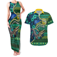 Personalised Solomon Islands Independence Day Couples Matching Tank Maxi Dress and Hawaiian Shirt Crocodile Hibiscus Tribal Pattern