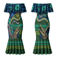 Personalised Solomon Islands Independence Day Family Matching Mermaid Dress and Hawaiian Shirt Crocodile Hibiscus Tribal Pattern DT05 Mom's Dress Green - Polynesian Pride