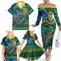 Personalised Solomon Islands Independence Day Family Matching Off The Shoulder Long Sleeve Dress and Hawaiian Shirt Crocodile Hibiscus Tribal Pattern DT05 - Polynesian Pride