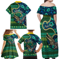 Personalised Solomon Islands Independence Day Family Matching Off Shoulder Maxi Dress and Hawaiian Shirt Crocodile Hibiscus Tribal Pattern