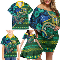 Personalised Solomon Islands Independence Day Family Matching Off Shoulder Short Dress and Hawaiian Shirt Crocodile Hibiscus Tribal Pattern DT05 - Polynesian Pride