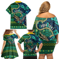 Personalised Solomon Islands Independence Day Family Matching Off Shoulder Short Dress and Hawaiian Shirt Crocodile Hibiscus Tribal Pattern DT05 Mom's Dress Green - Polynesian Pride