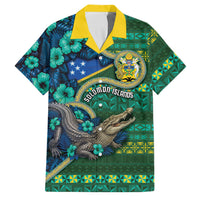 Personalised Solomon Islands Independence Day Family Matching Off Shoulder Short Dress and Hawaiian Shirt Crocodile Hibiscus Tribal Pattern DT05 Dad's Shirt - Short Sleeve Green - Polynesian Pride
