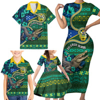 Personalised Solomon Islands Independence Day Family Matching Short Sleeve Bodycon Dress and Hawaiian Shirt Crocodile Hibiscus Tribal Pattern