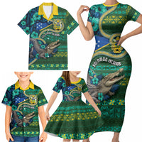 Personalised Solomon Islands Independence Day Family Matching Short Sleeve Bodycon Dress and Hawaiian Shirt Crocodile Hibiscus Tribal Pattern DT05 - Polynesian Pride