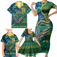 Personalised Solomon Islands Independence Day Family Matching Short Sleeve Bodycon Dress and Hawaiian Shirt Crocodile Hibiscus Tribal Pattern DT05 - Polynesian Pride