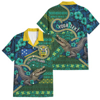 Personalised Solomon Islands Independence Day Family Matching Short Sleeve Bodycon Dress and Hawaiian Shirt Crocodile Hibiscus Tribal Pattern DT05 Dad's Shirt - Short Sleeve Green - Polynesian Pride